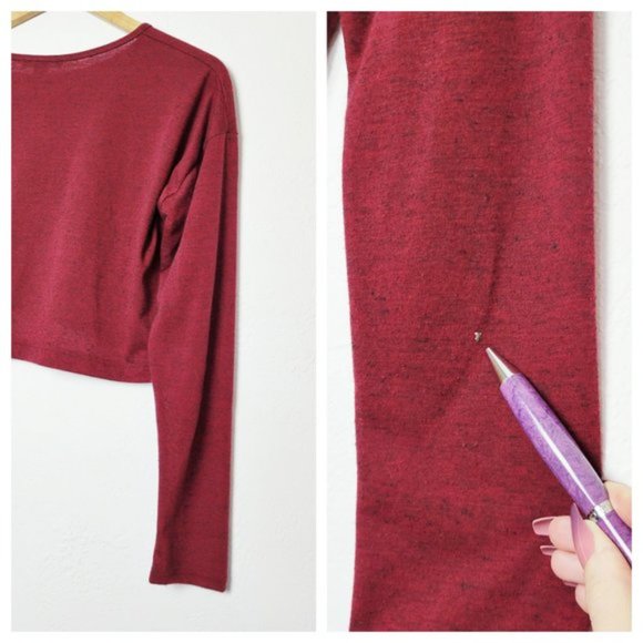 Forever 21 Heathered Maroon Long Sleeve Boxy Cropped T Shirt w Breast Pocket - Picture 8 of 15